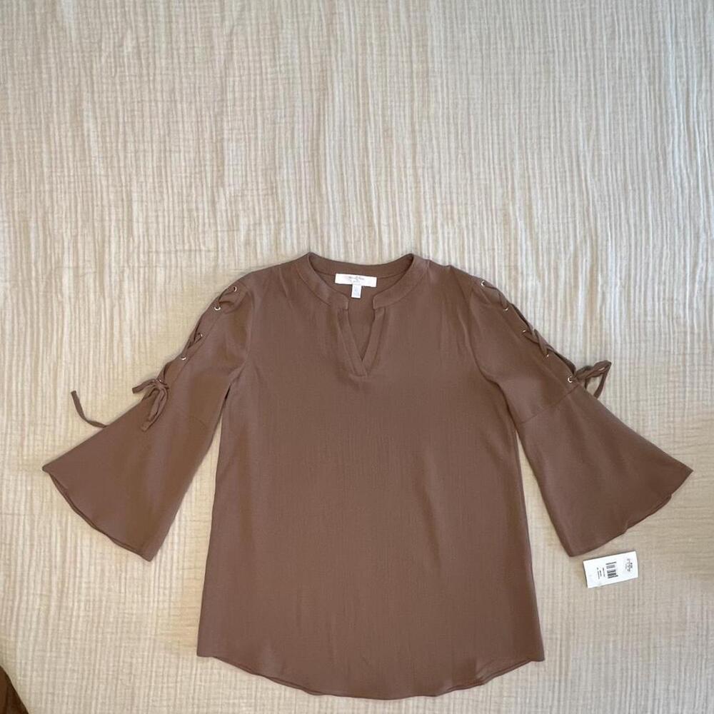 Moa Moa Girls (Dillard’s) mocha brown blouse with lace-up bell sleeves